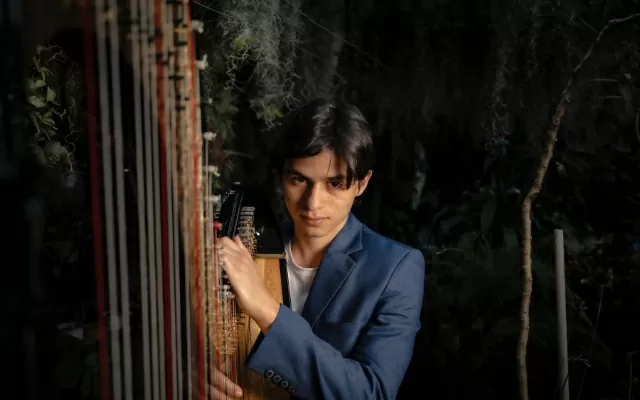 Músico a medio plano, rodeado de un bosque, sosteniendo el arpa y mirando fijamente