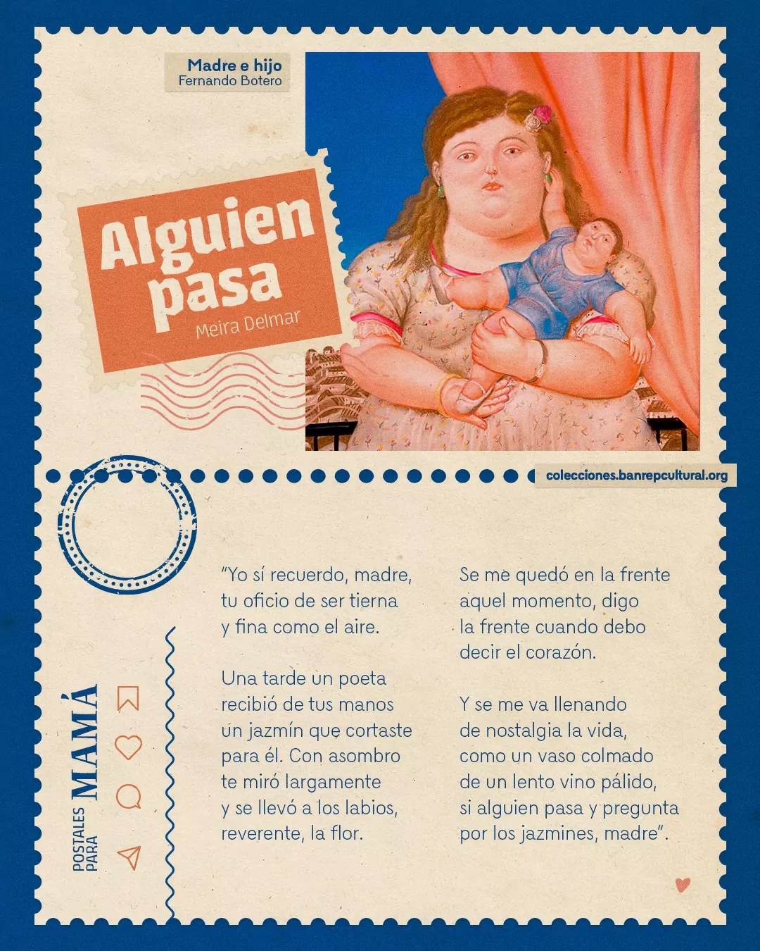 Obra 'Madre e hijo' de Fernando Botero y el texto: Alguien pasa, Meira Delmar