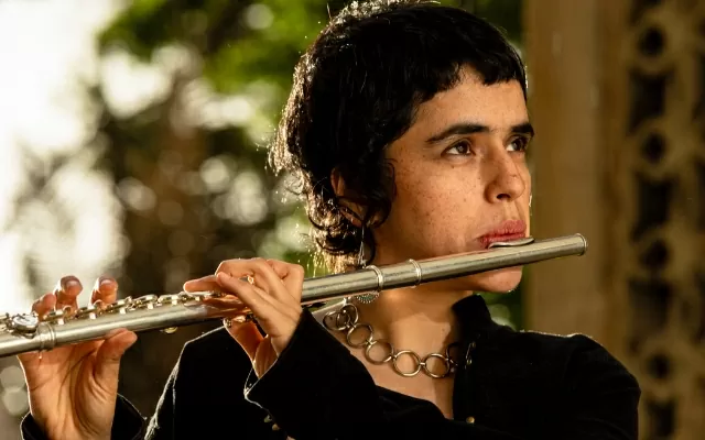 Música tocando el instrumento, mientras mira al horizonte 