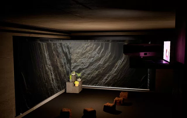 Armonías ancestrales Video instalación con dos módulos de madera sobre los que hay 3 plantas ornamentales y frente a ellas cinco bloque de madera