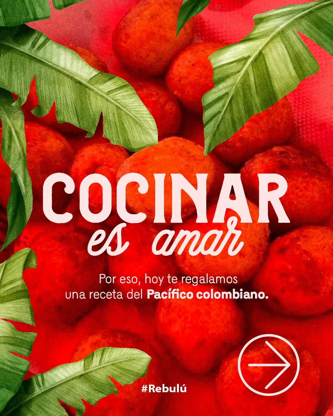 Ilustración de fondo rojo y plantas, con el texto cocinar es amar 