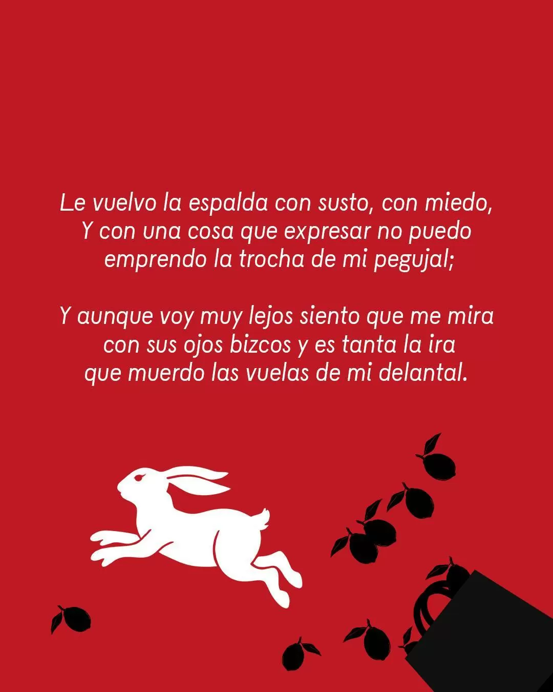 Fondo rojo con ilustración de conejo saltando y el texto: Le vuelvo la espalda con susto