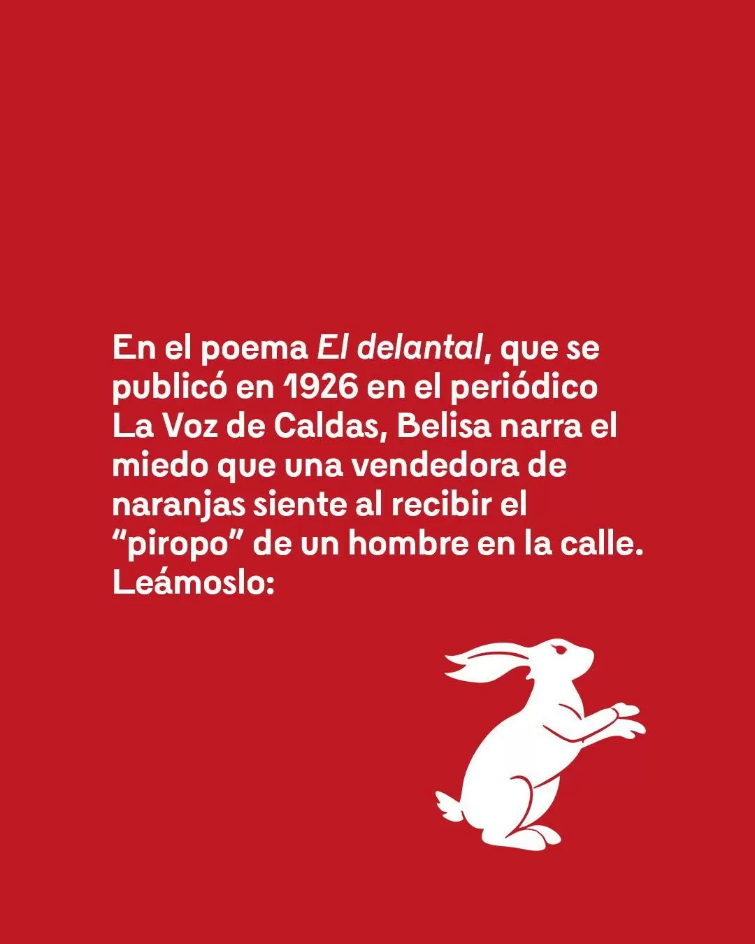 Ilustración de un conejo con fondo rojo con el poema El delantal 