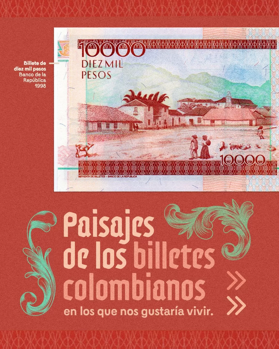 Imagen del billete de diez mil pesos del año 1998, del Banco de la República 