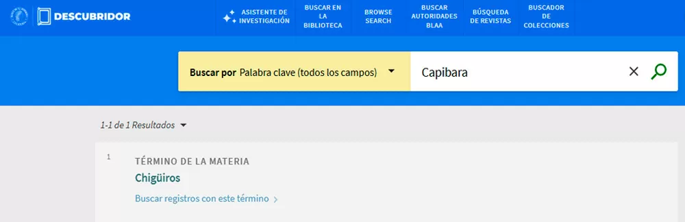 Catálogo de autoridades: búsqueda del término "Capibara"