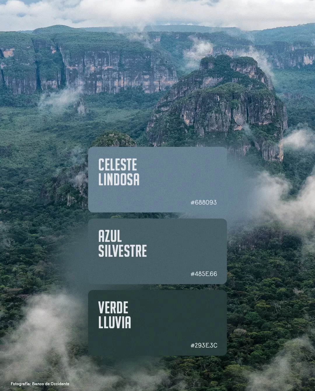 Fotografía de la Serranía de La Lindosa y el texto: Celeste Lindosa, azul silvestre y verde lluvia