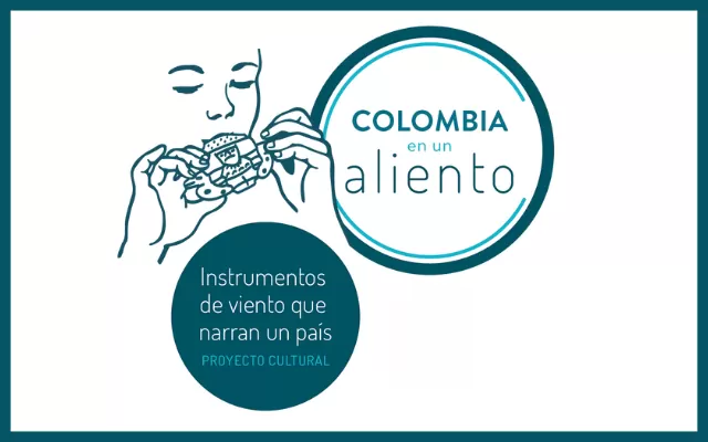 Ilustración de una persona tocando una ocarina Tairona. A la derecha se lee Colombia en un aliento y abajo Instrumentos de viento que narran un país - Proyecto cultural.