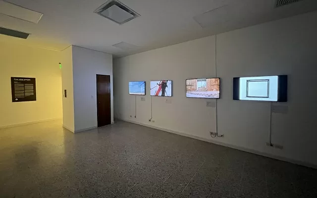 Tres televisores sobre una pared blanco mostrando las obras de la exposición Con vida propia