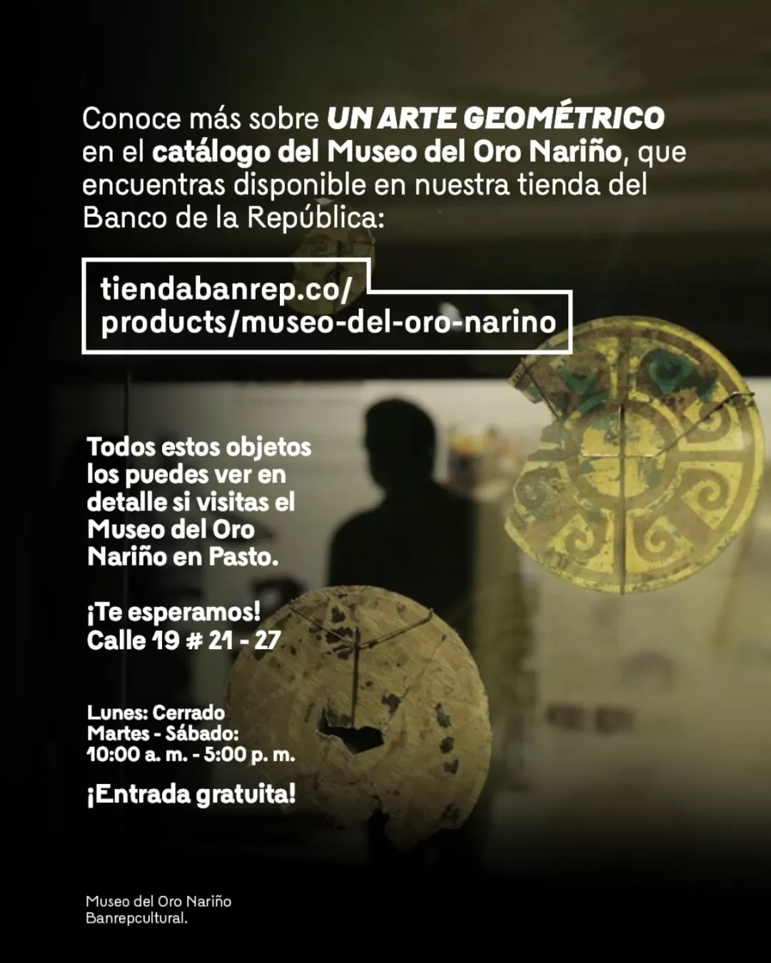 Imagen de fondo del Museo del Oro Nariño y el texto: Conoce más sobre un arte geométrico en el catálogo del Museo del Oro Nariño que encuentras disponible en nuestra Tienda Banrep
