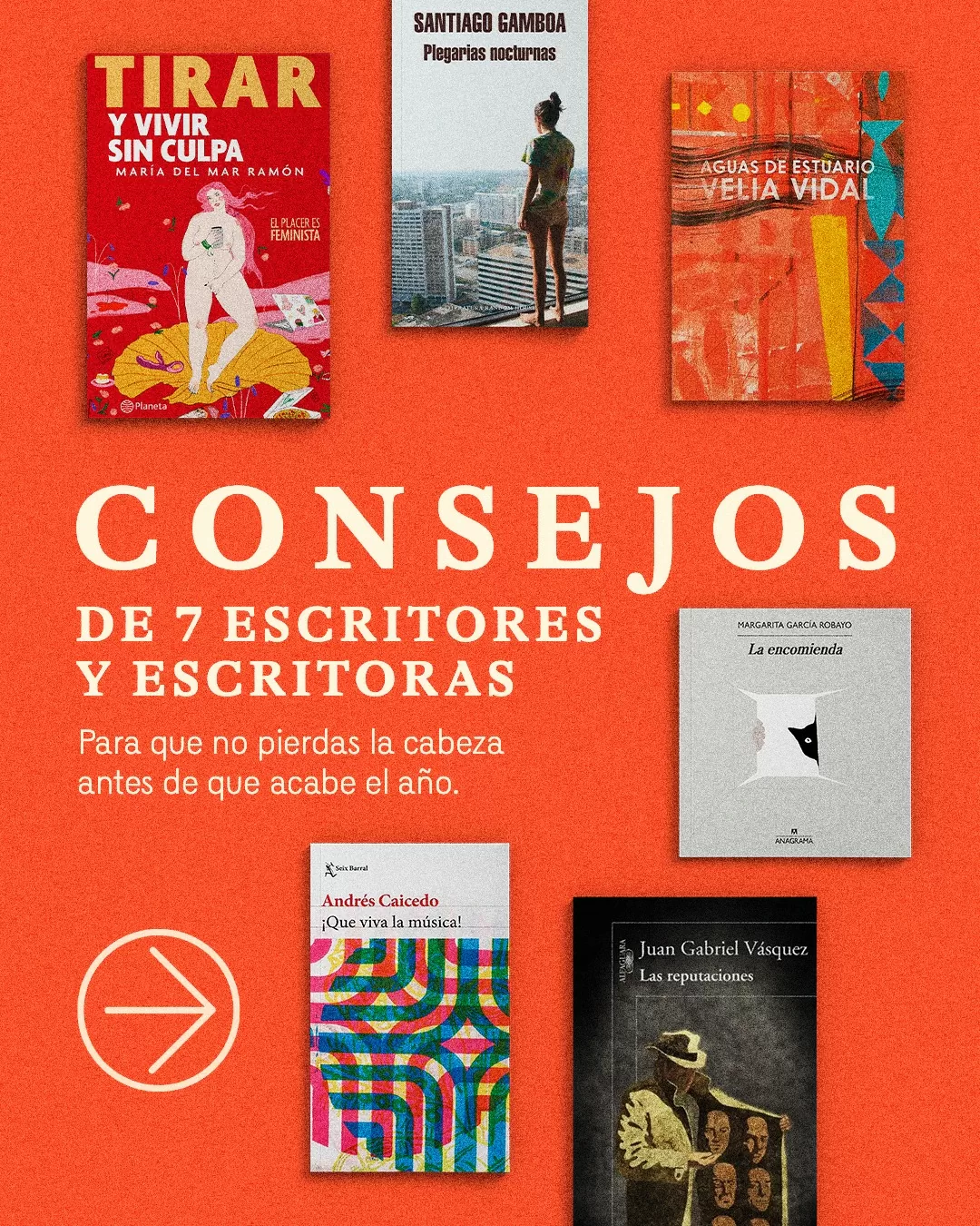 Imagen de fondo naranja, con imágenes de la portada de siete libros 
