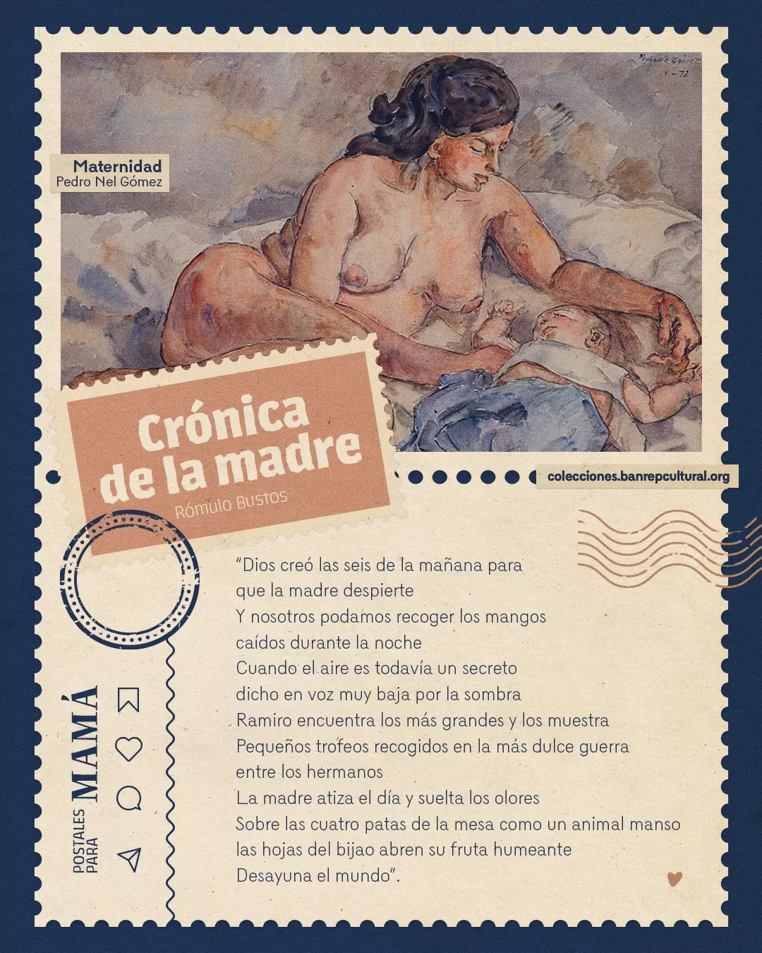 Obra 'Maternidad' de Pedro Nel Gómez y el texto: Crónica de la madre, Rómulo Bustos