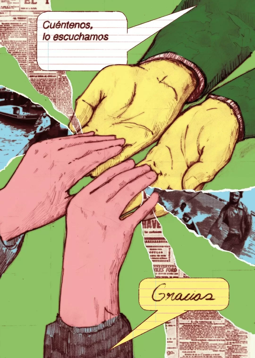 Ilustración de manos sosteniéndose y el texto: Cuéntenos, lo escuchamos. Gracias
