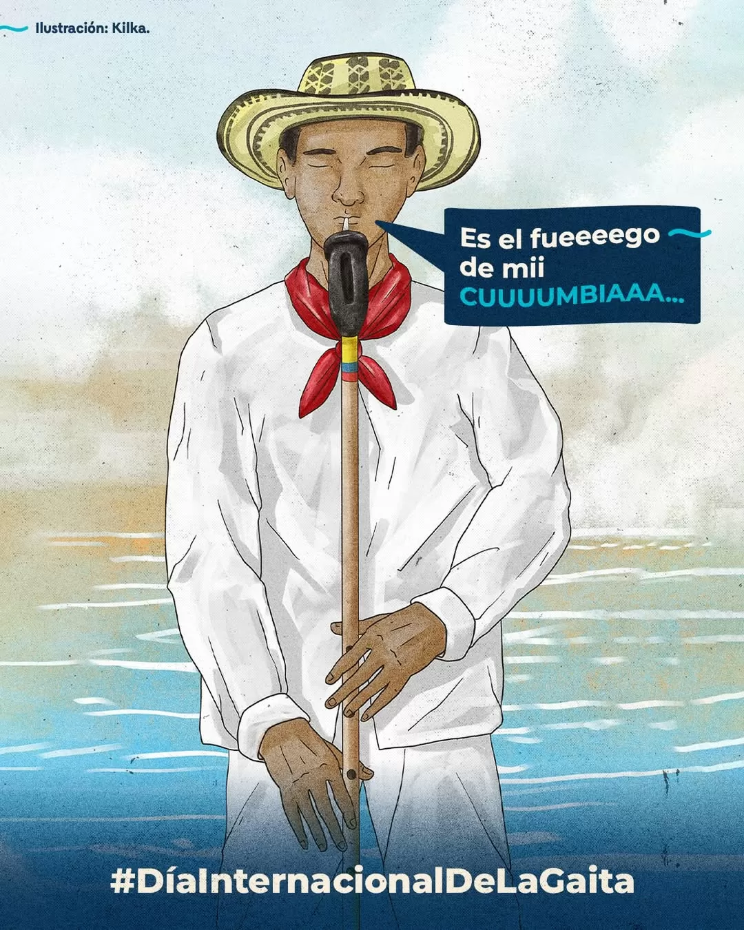 Ilustración de un hombre tocando la gaita 