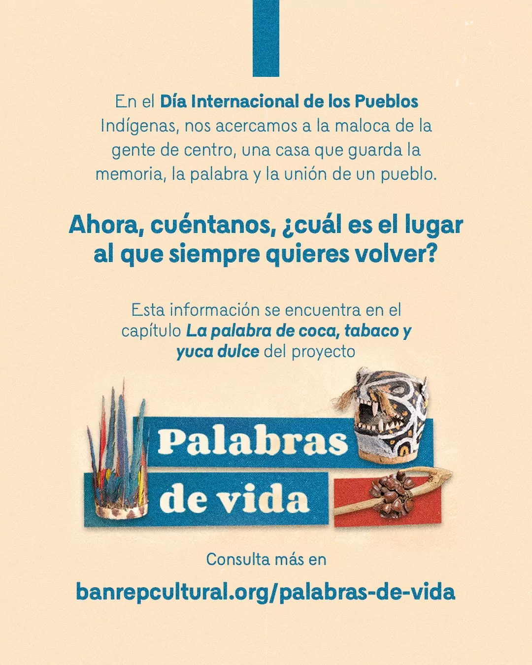 Imagen de Palabras de vida y el texto: En el Día Internacional de los Pueblos Indígenas, nos acercamos a la maloca de la gente de centro, una casa que guarda la memoria, la palabra y la unión de un pueblo 