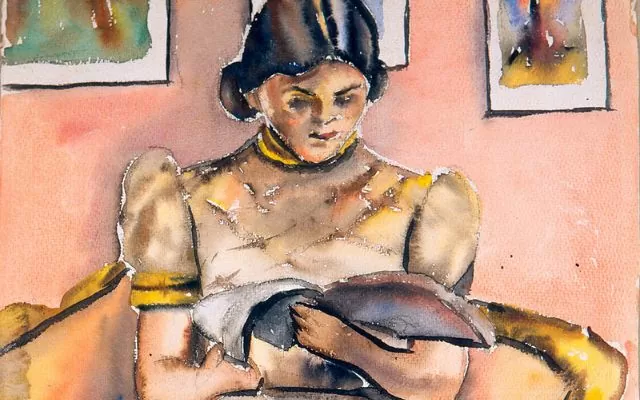 Pintura donde se ve una mujer sentada leyendo