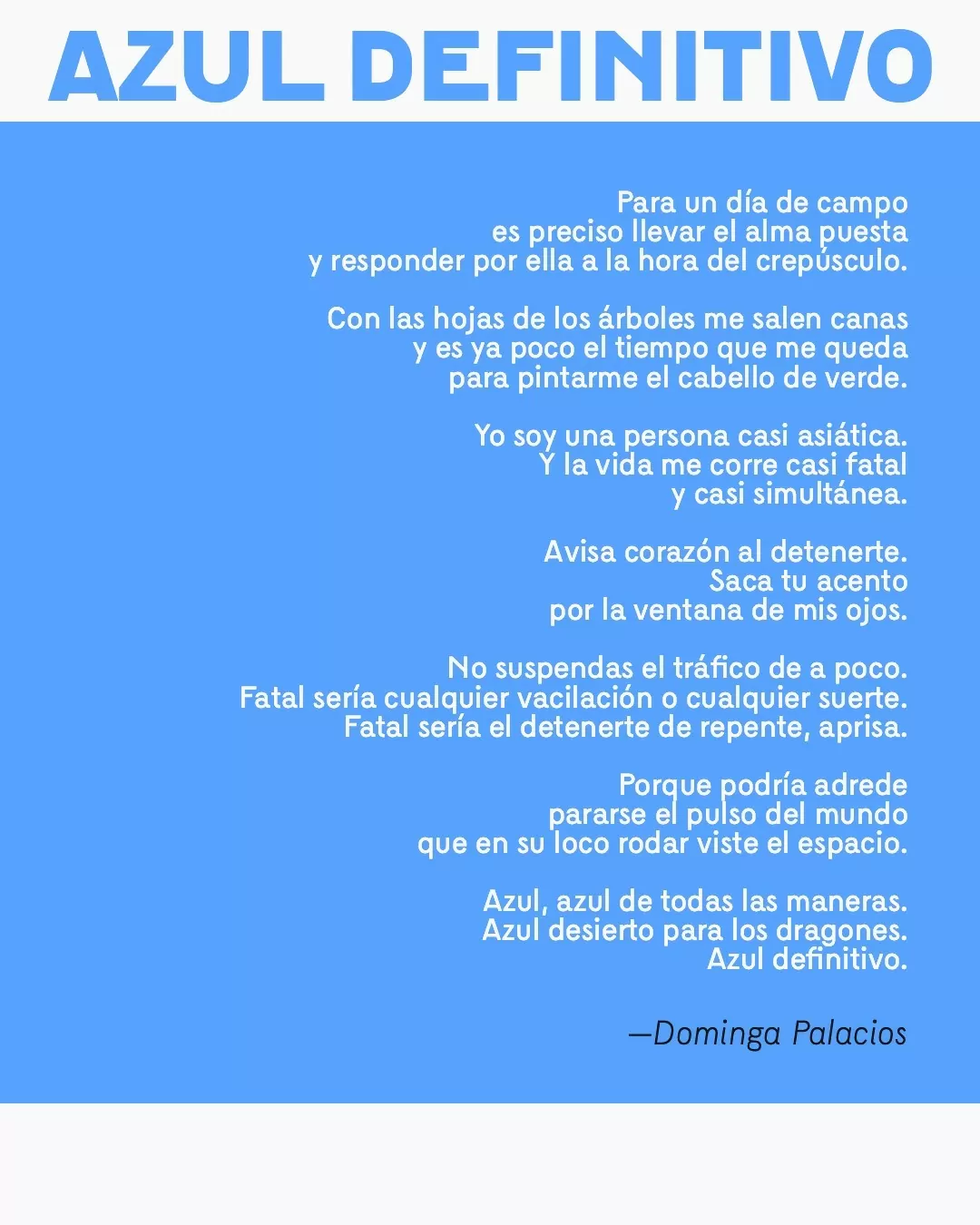 Poema de Dominga Palacios en fondo azul y letras blancas