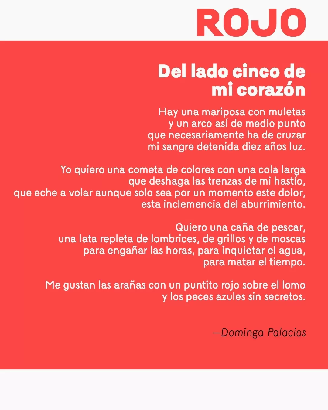 Poema de Dominga Palacios en fondo rojo y letras blancas