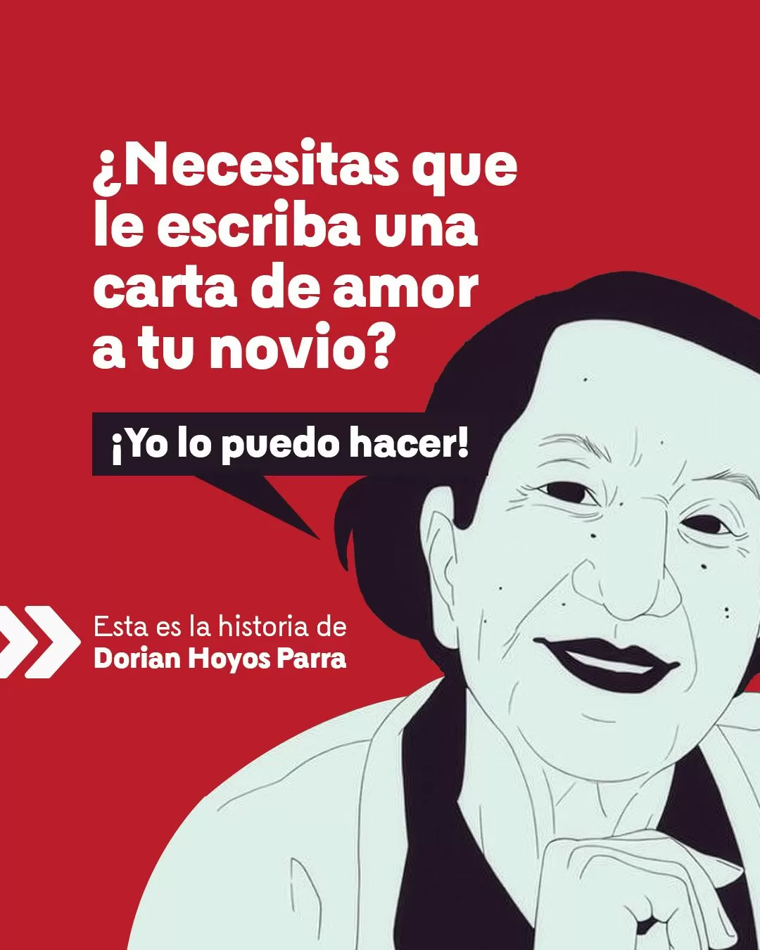 Ilustración a blanco y negro, con fondo rojo, de Dorian Hoyos Parra