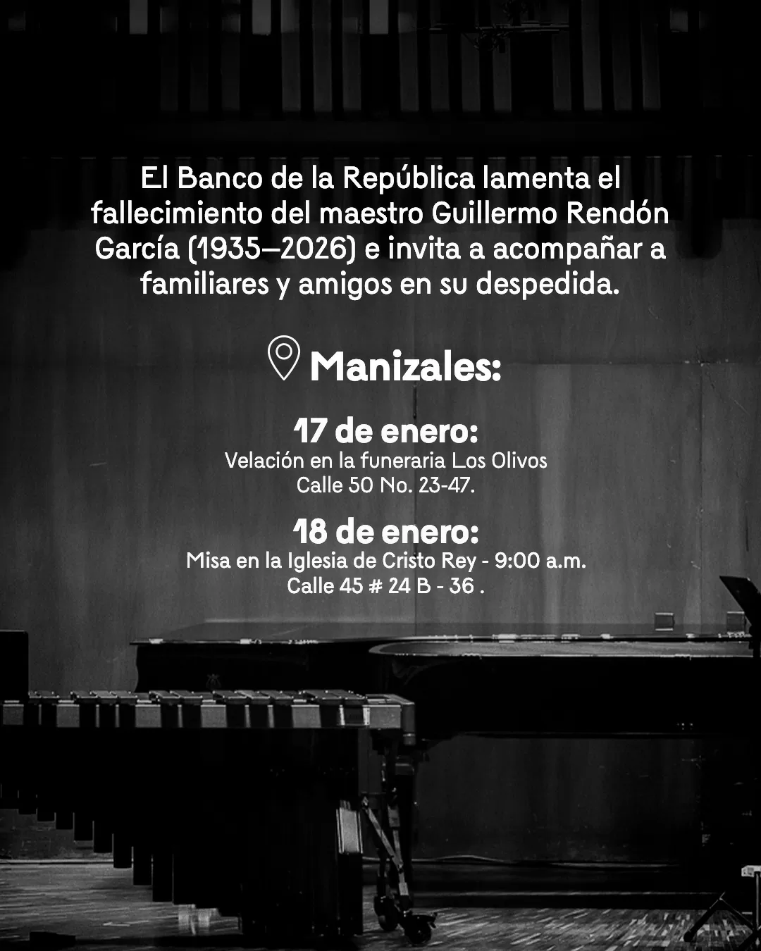 Imagen a blanco y negro invitando a la despedida de Guillermo Rendón García (1935-2026)