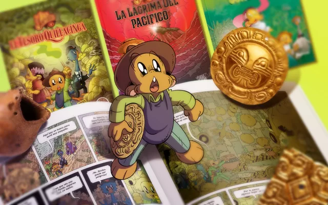 Ilustración de El Cuy Jacobo explorando el patrimonio cultural de Nariño, realizada para promocionar un encuentro sobre historia, literatura e identidad regional en el Centro Cultural del Banco de la República en Pasto.  