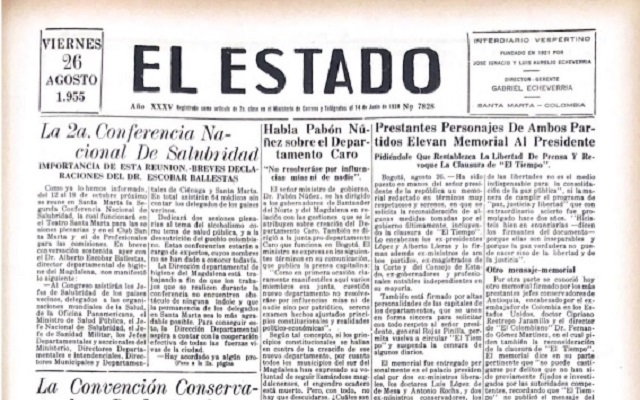 Imagen de la portada del diario El Estado con fecha del 26 de agosto de 1955
