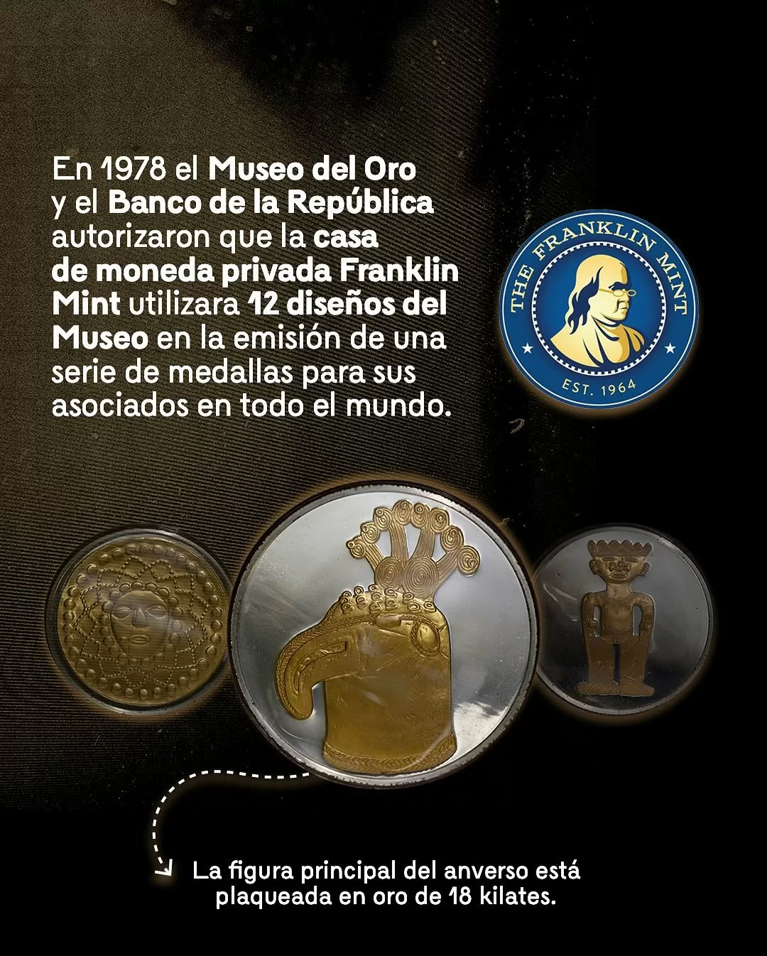Fotografía de figura principal del anverso con el texto: En 1978 el Museo del Oro y el Banco de la República autorizaron que la casa de moneda privada Franklin Mint utilizara 12 diseños del Museo en la emisión de una serie de medallas para sus asociados en todo el mundo