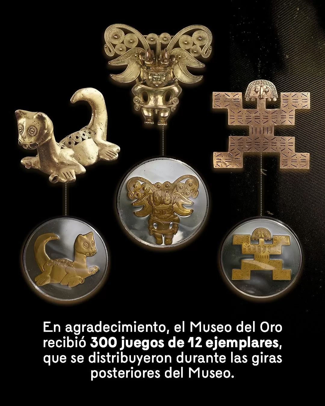Fotografías de piezas del Museo del Oro y el texto: En agradecimiento, el Museo del Oro recibió 300 juegos de 12 ejemplares, que se distribuyeron durante las giras posteriores del Museo 