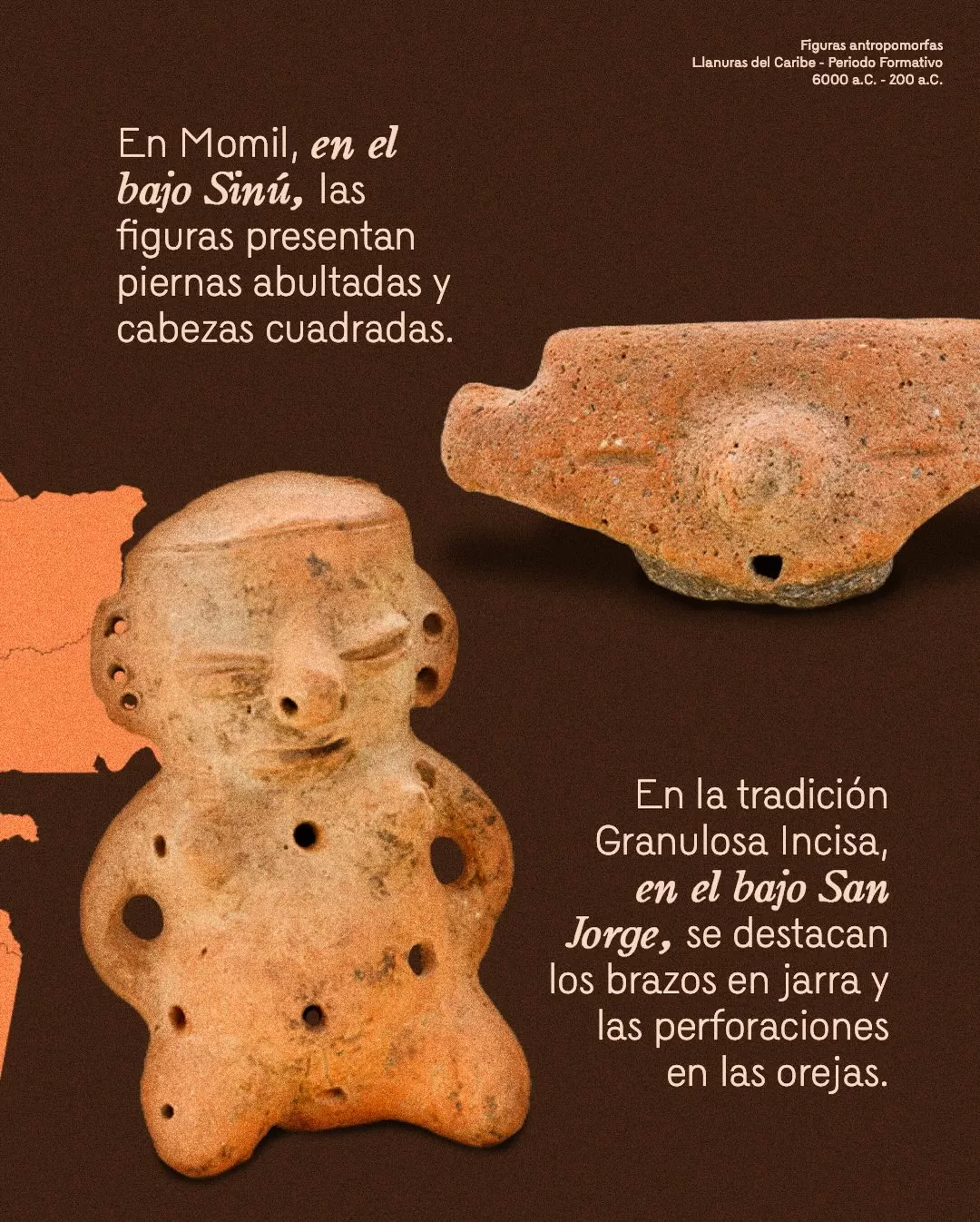 Imagen de figuras antropomorfas y el texto: En Momil, en el bajo Sinú, las figuras representan piernas abultadas y cabezas cuadradas