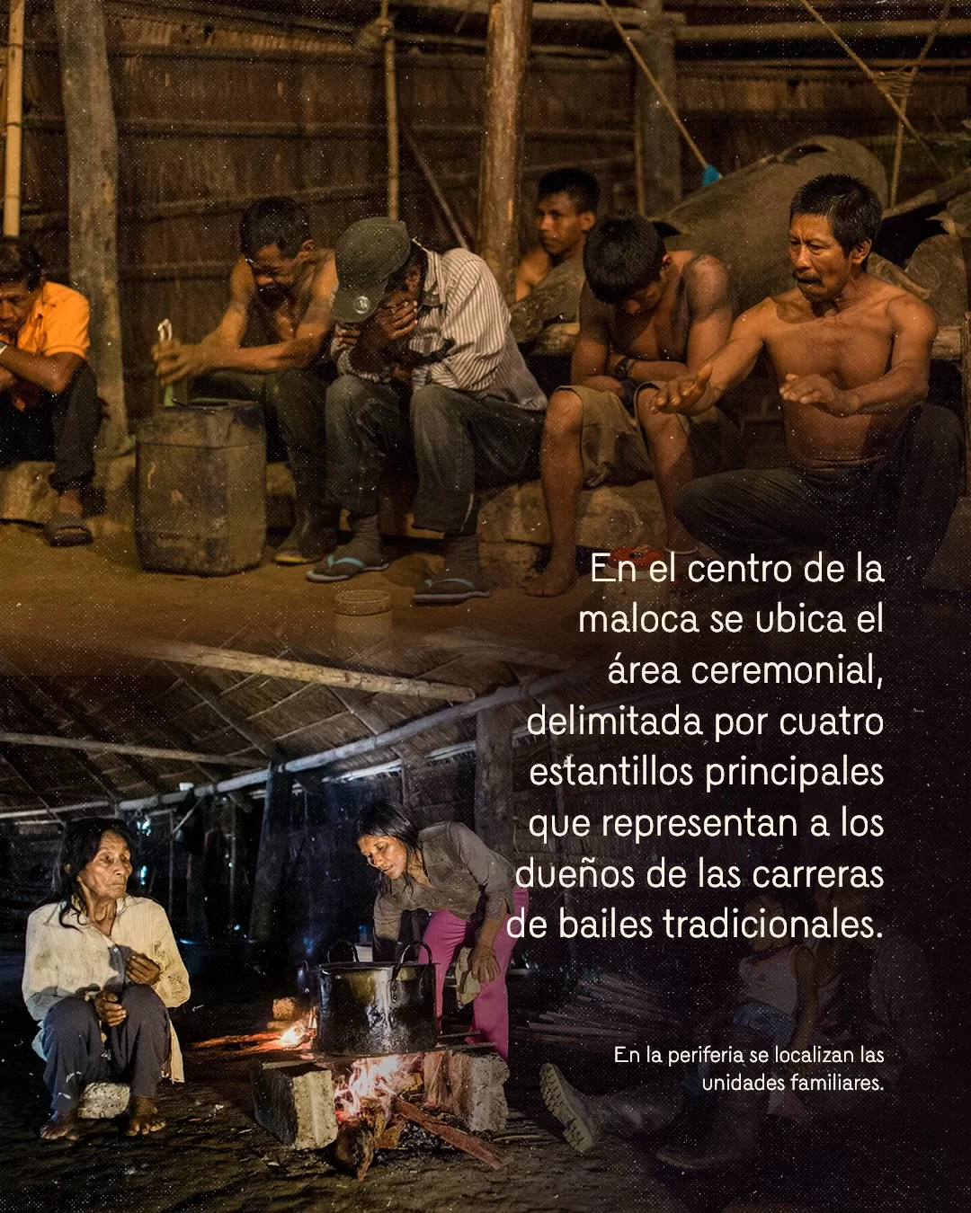 Fotografía de personas en una maloca y el texto: En el centro de la maloca se ubica el área ceremonial, delimitada por cuatro estantillos principales que representan a los dueños de las carreras de bailes tradicionales 