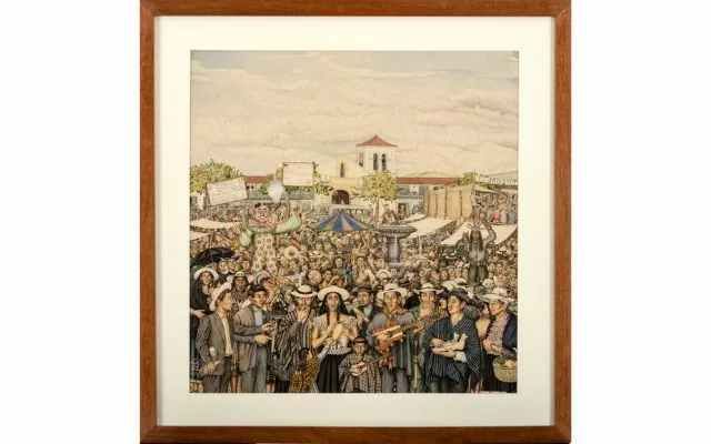 Escena de pueblo (1969), Alfonso Ramírez Fajardo Pintura donde se ve una plaza de mercado