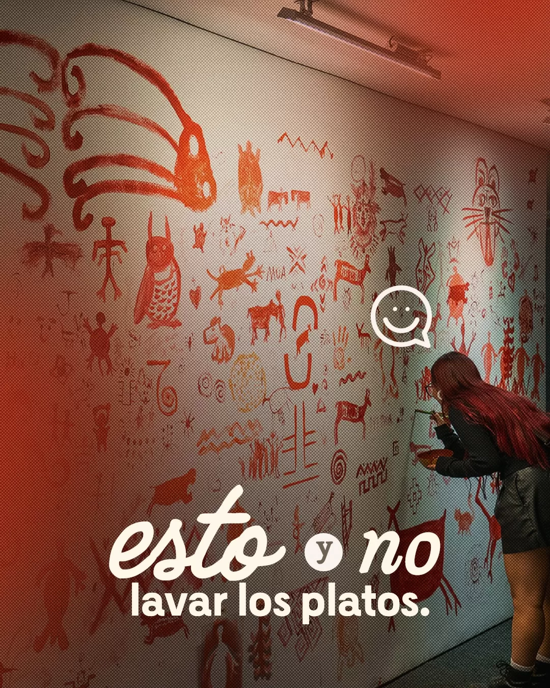 Fotografía de visitante pintando un mural en el Museo del Oro y el texto: Esto y no lavar los platos