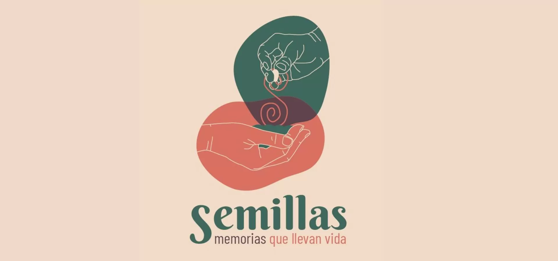 Ilustración de dos manos intercambiando una una semilla y el texto Semillas, memorias que llevan vida