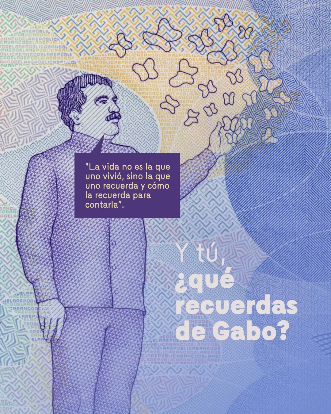 Ilustración de Gabo tocando unas mariposas en el billete de cincuenta mil 