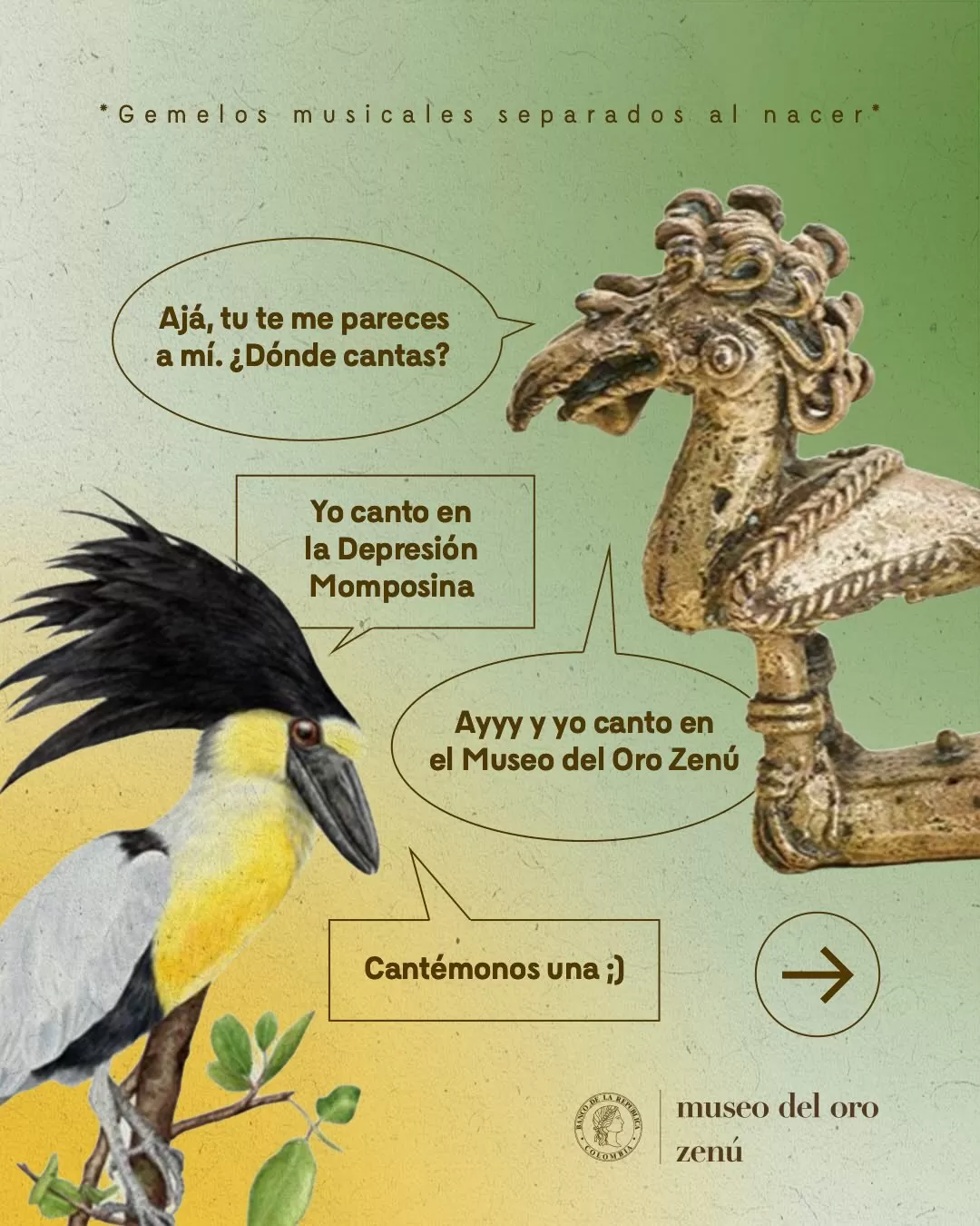 Ilustración de un pájaro y pieza prehispánica con forma de pájaro y el texto: Gemelos musicales separados al nacer 