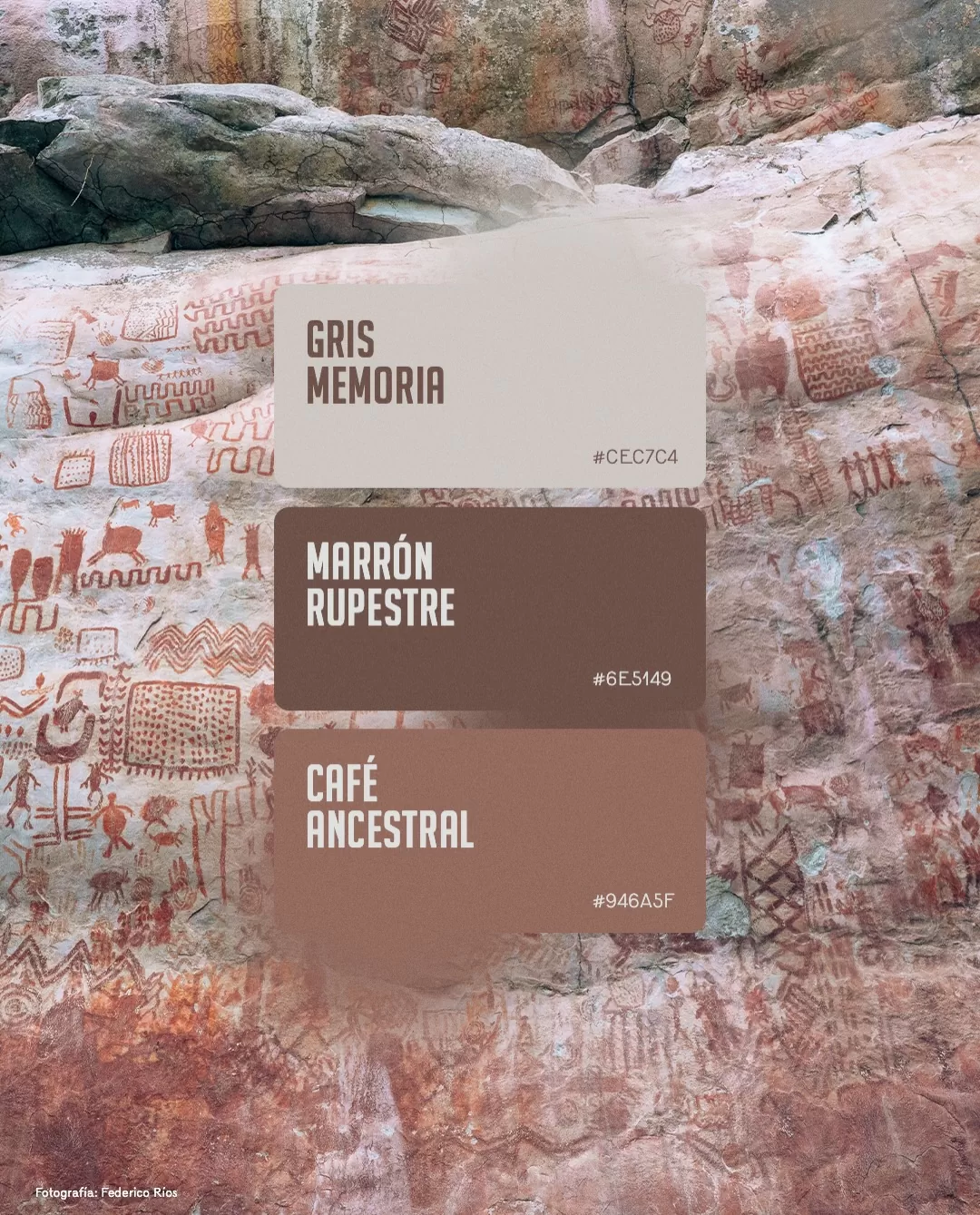 Fotografía de la Serranía de La Lindosa y el texto: Gris memoria, marrón rupestre y café ancestral
