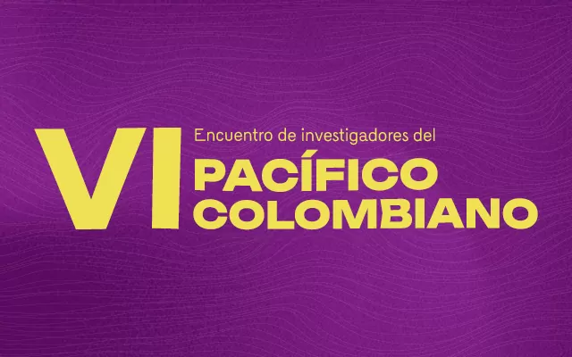 Gráfica sobre fondo morado en texto amarillo: VI Encuentro de investigadores del Pacífico colombiano