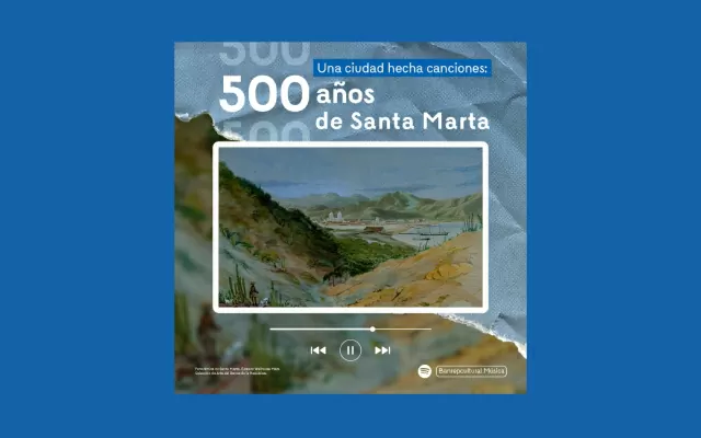 Imagen de fondo azul, con una obra de Edward Walhouse Mark, acompañada de un texto sobre puesto en color blanco, sobre el cumpleaños 500 de Santa Marta 