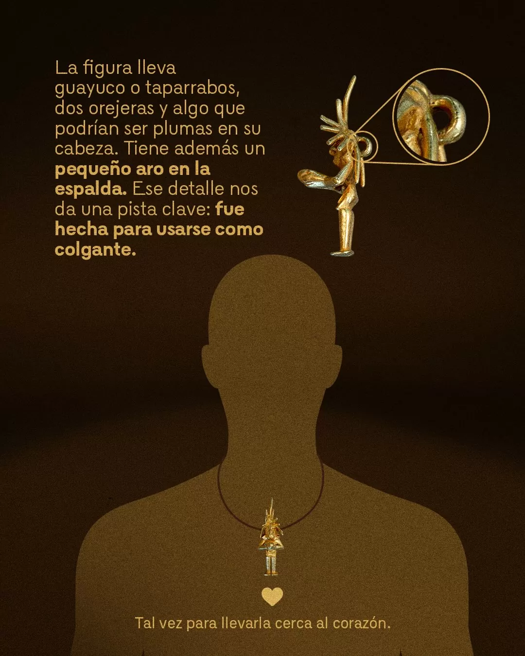 Imagen de colgante antropomorfo y el texto: La figura lleva guayuco o taparrabos, dos orejeras y algo que podrían ser plumas en su cabeza