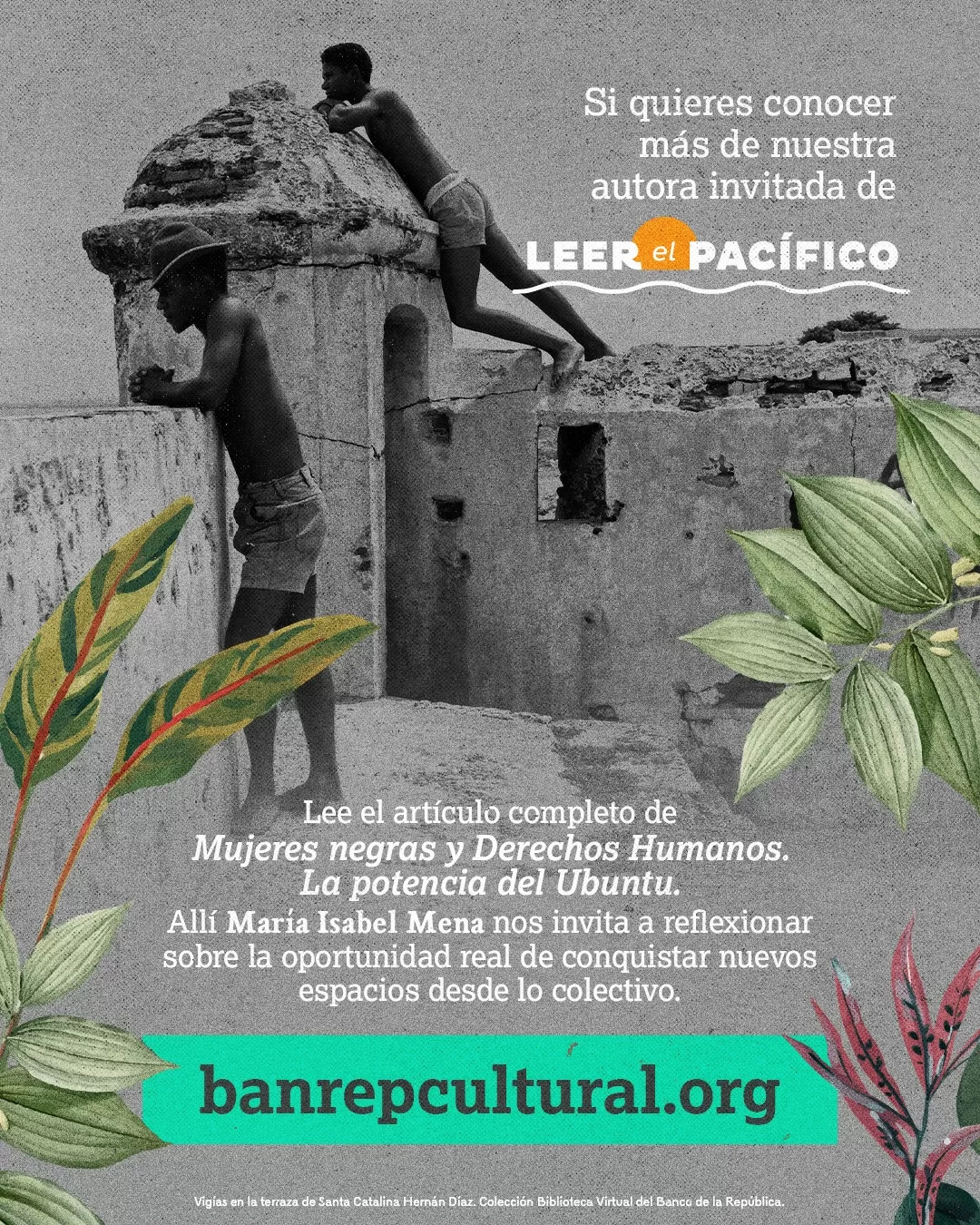 Fotografía de vigías en la terraza de Santa Catalina y el texto: Si quieres conocer más de nuestra autora invitada de Leer el Pacífico, lee el artículo completo de “Mujeres negras y Derechos Humanos: La potencia del Ubuntu”. Allí María Isabel Mena nos invita a reflexionar sobre la oportunidad real de conquistar nuevos espacios desde lo colectivo