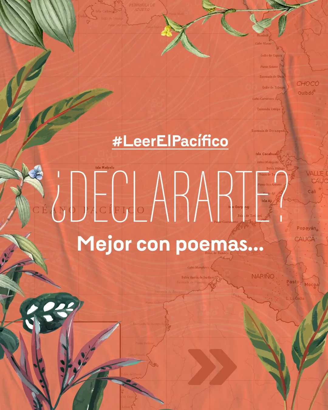 Ilustración con fondo naranja y texto blanco sobre los poemas de Leer el Pacífico 