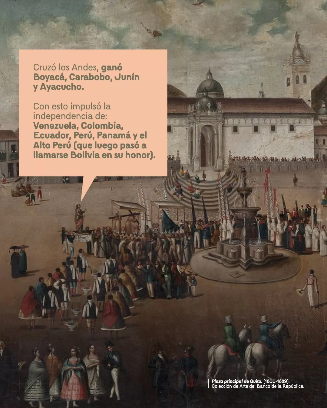 Imagen con la obra Plaza principal de Quito (1800 - 1899). Colección de Arte del Banco de la República, acompañada e un texto sobrepuesto 