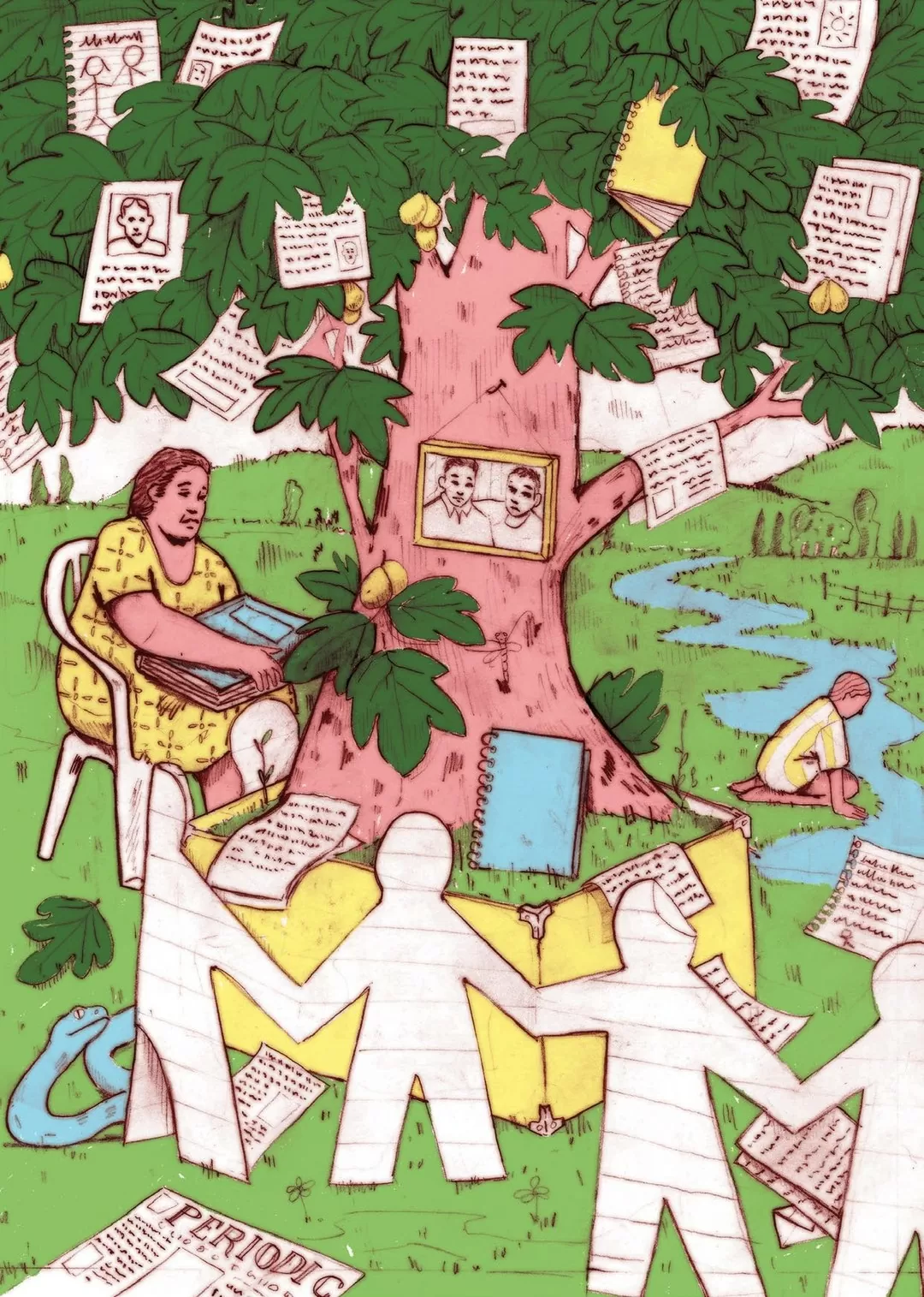 Ilustración de una mujer sentada frente de un árbol viendo fotografías y documentos