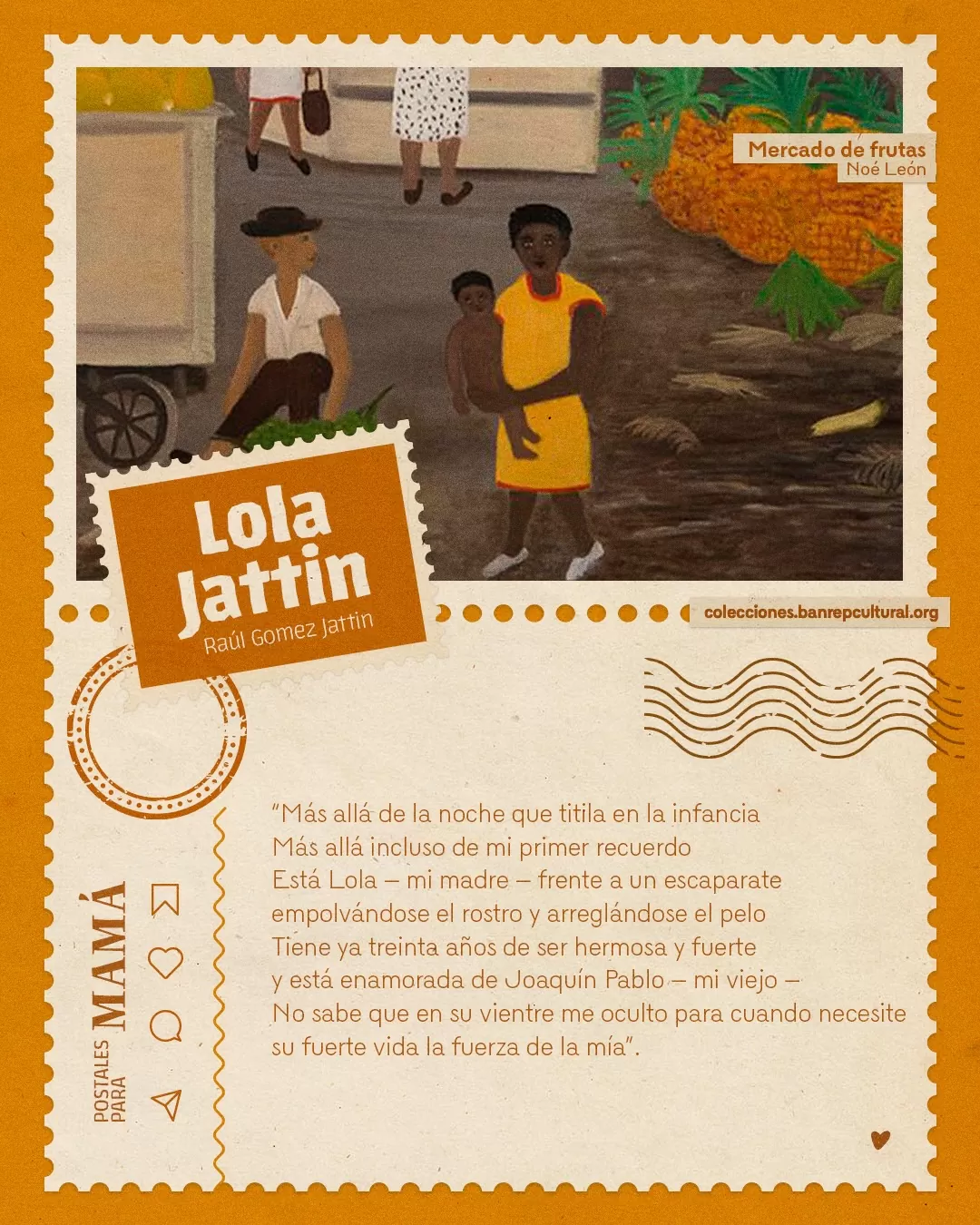 Obra 'Mercado de frutas' de Noe León y el texto: Lola Jattin, Raúl Gómez Jattin