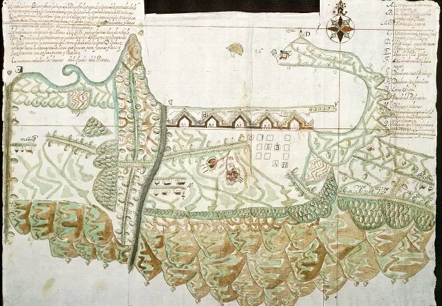 Mapa de la antigua ciudad de Santa Marta donde se detalla el puerto y el diseño de unas fortificaciones, 1666