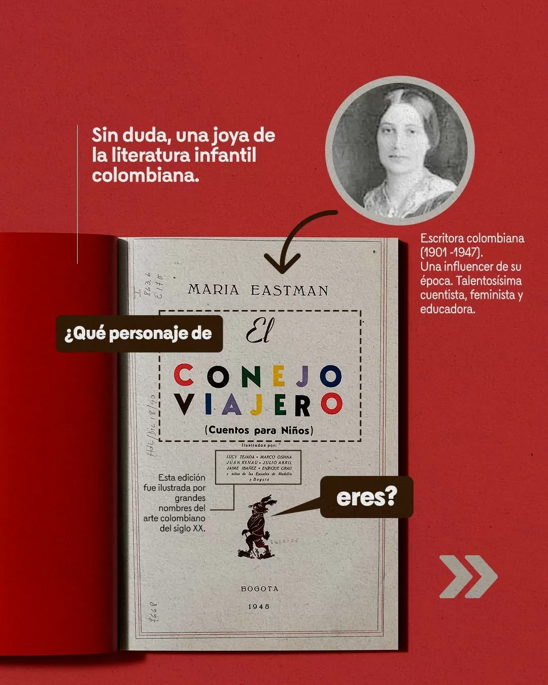 Portada del libro Conejo viajero y retrato de María Eastman