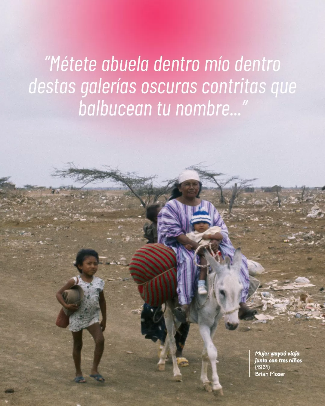 Fotografía de mujer wayuú viaja junto con tres niños y el texto: "Métete abuela dentro mío dentro destas galerías oscuras contritas que balbucean tu nombre..."