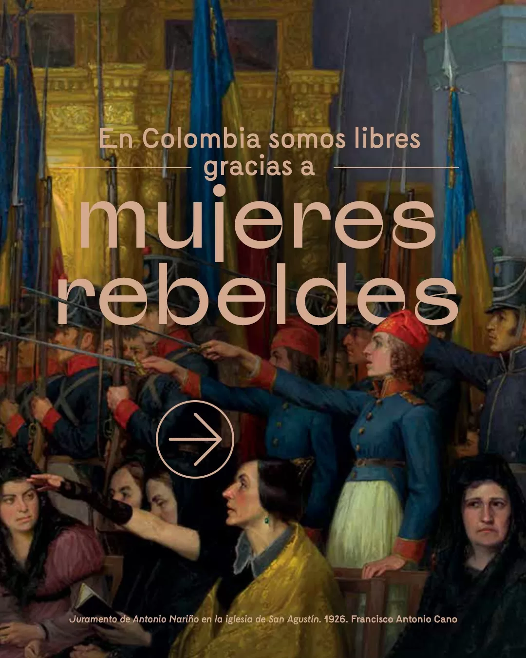 Pintura con diferentes personas apuntando una espada, en el juramento de Antonio Nariño 