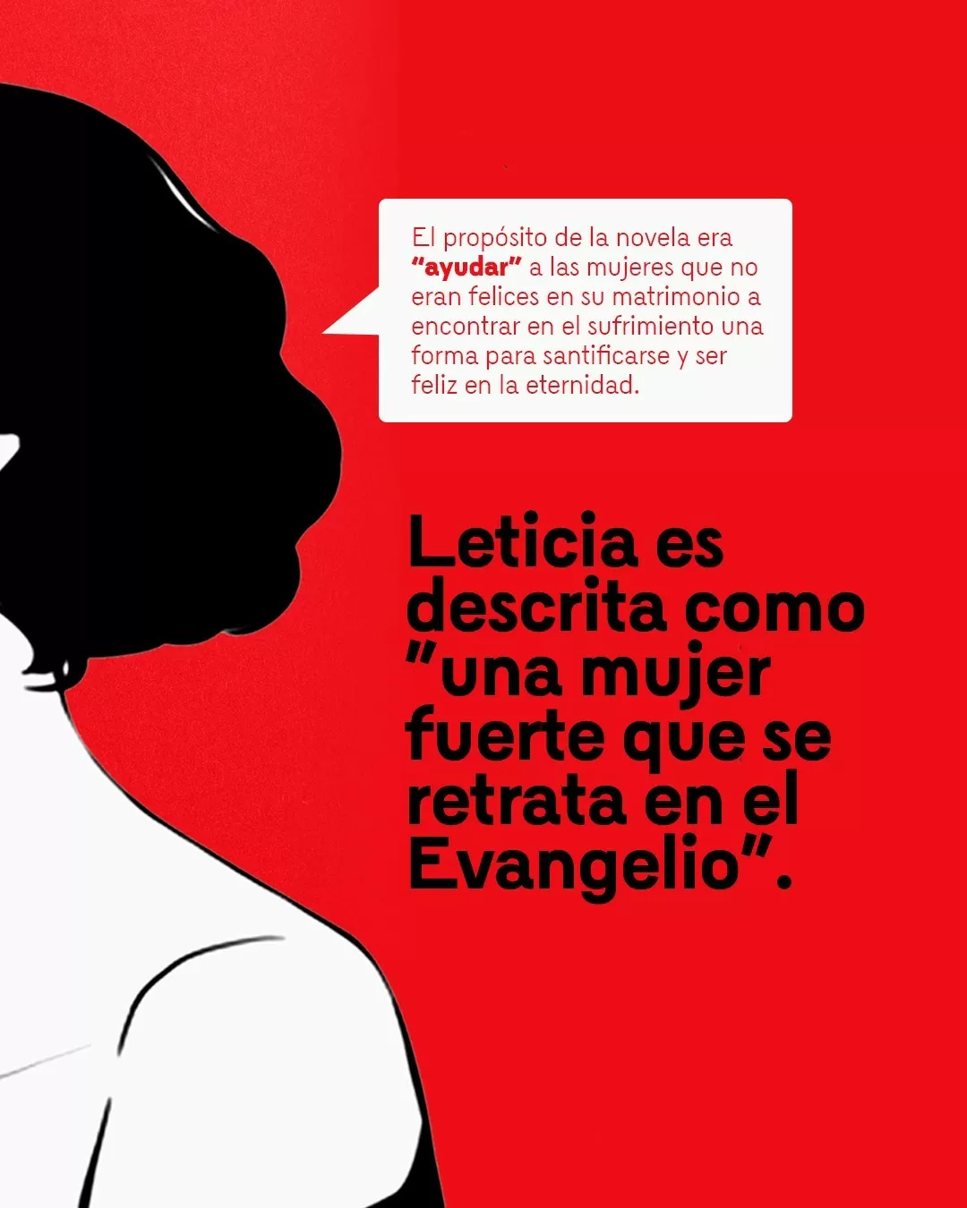 Detalle de ilustración a blanco y negro de Natalia Ocampo de Sánchez y el texto: Leticia es descrita como una mujer fuerte