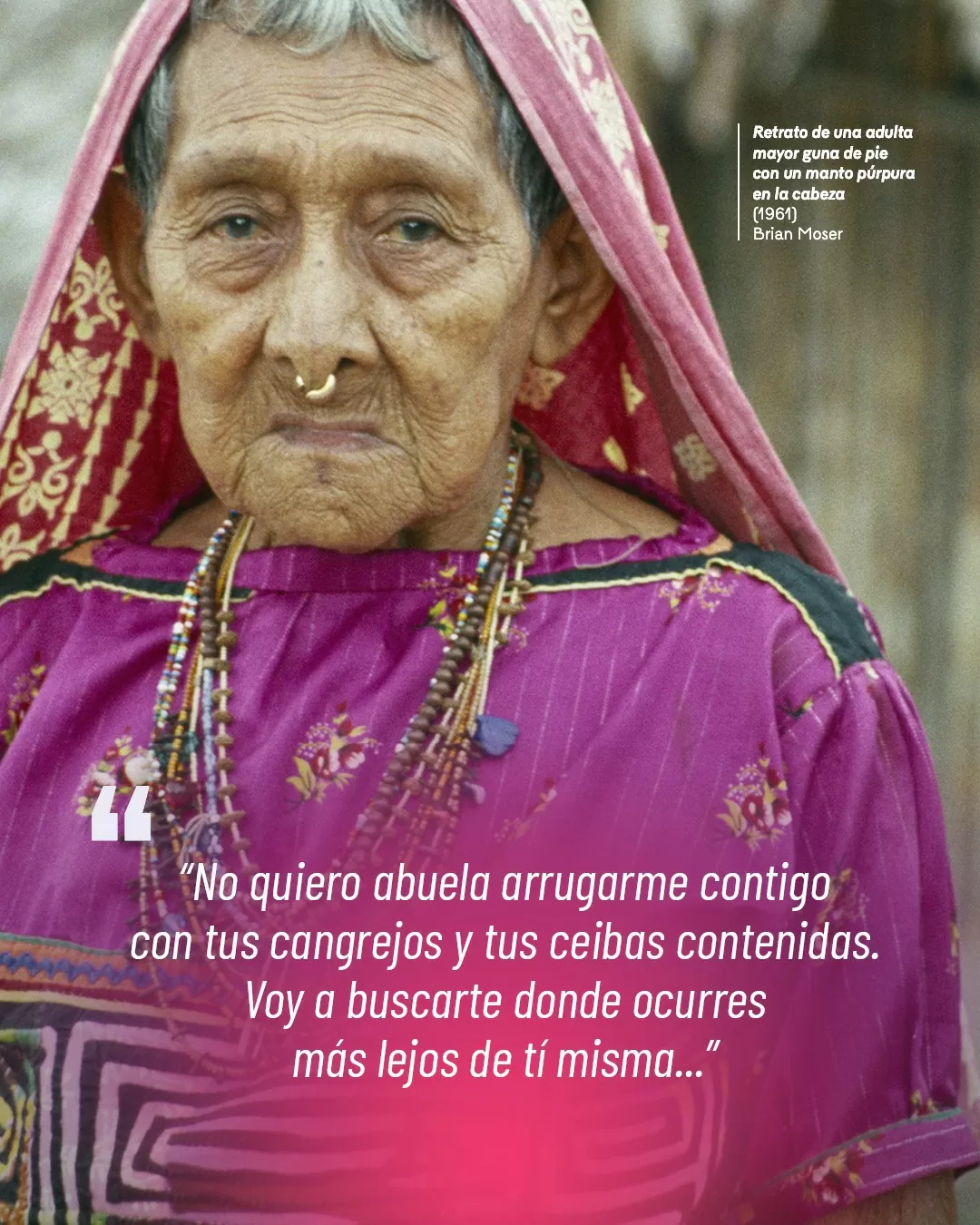 Fotografía de adulta mayor guna de pie con un manto púrpura en la cabeza y el texto: "No quiero abuela arrugarme contigo con tus cangrejos y tus ceibas contenidas. Voy a buscarte donde ocurres más lejos de tí misma"