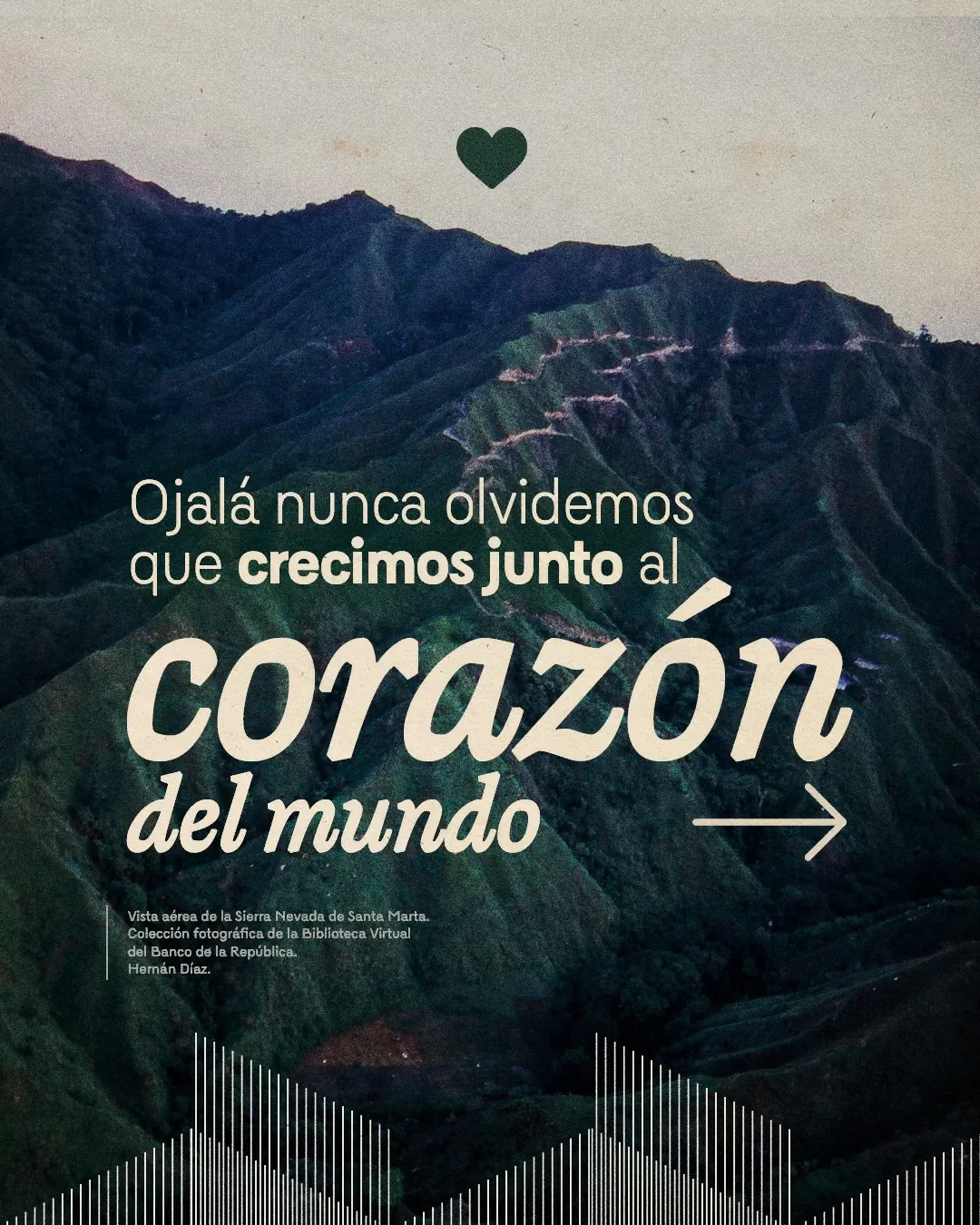 Fotografía de la Sierra Nevada de Santa Marta y el texto: Ojalá nunca olvidemos que crecimos junto al corazón del mundo